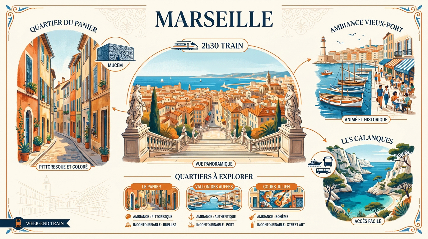 Vue panoramique sur le Vieux-Port de Marseille depuis le quartier du Panier