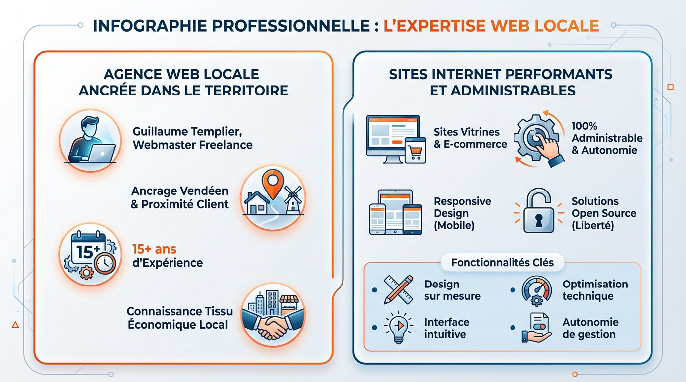 Infographie illustrant l'expertise web locale et les avantages d'un freelance à Challans