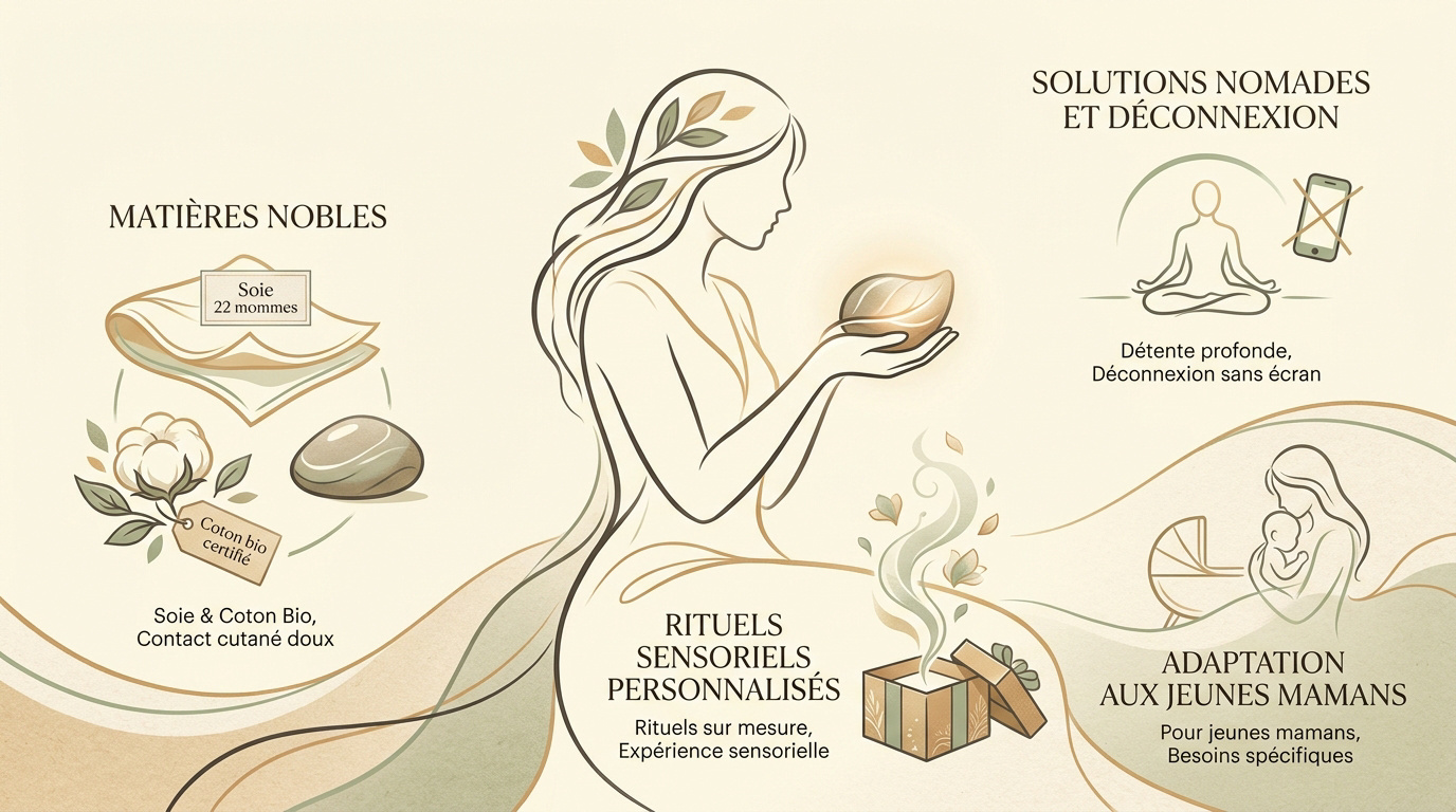 Sélection d'objets bien-être pour femme de 30 ans incluant accessoires en soie et produits naturels