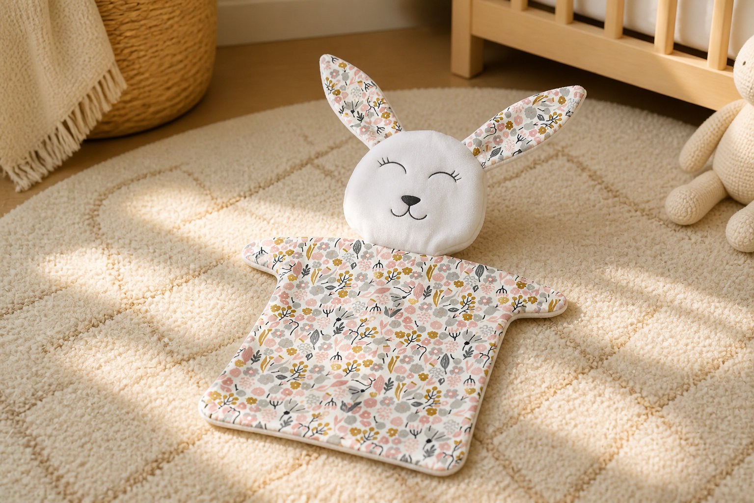 Le doudou lapin aux motifs fleurs rose, gris et or