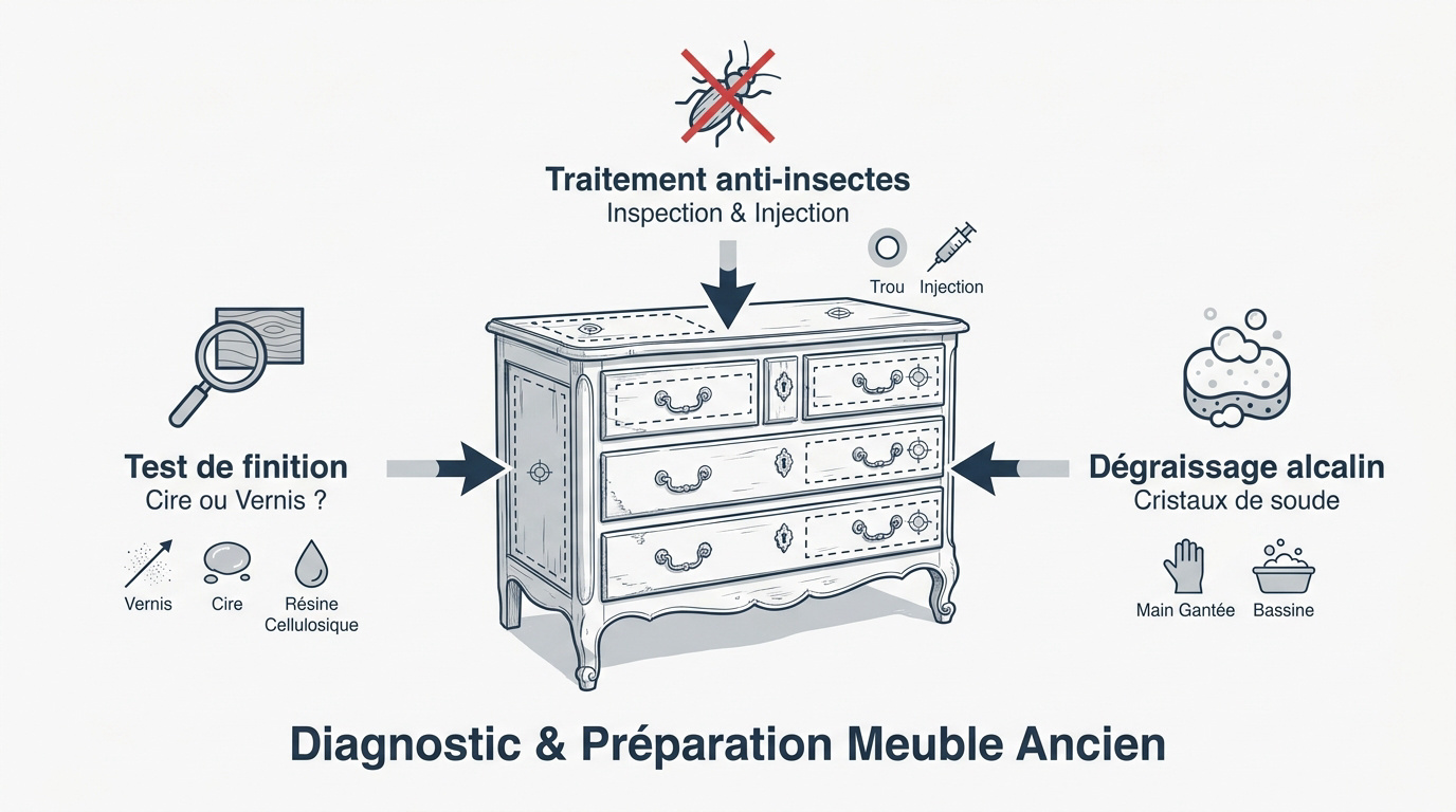 Diagnostic technique et préparation d'un meuble ancien en bois avant peinture