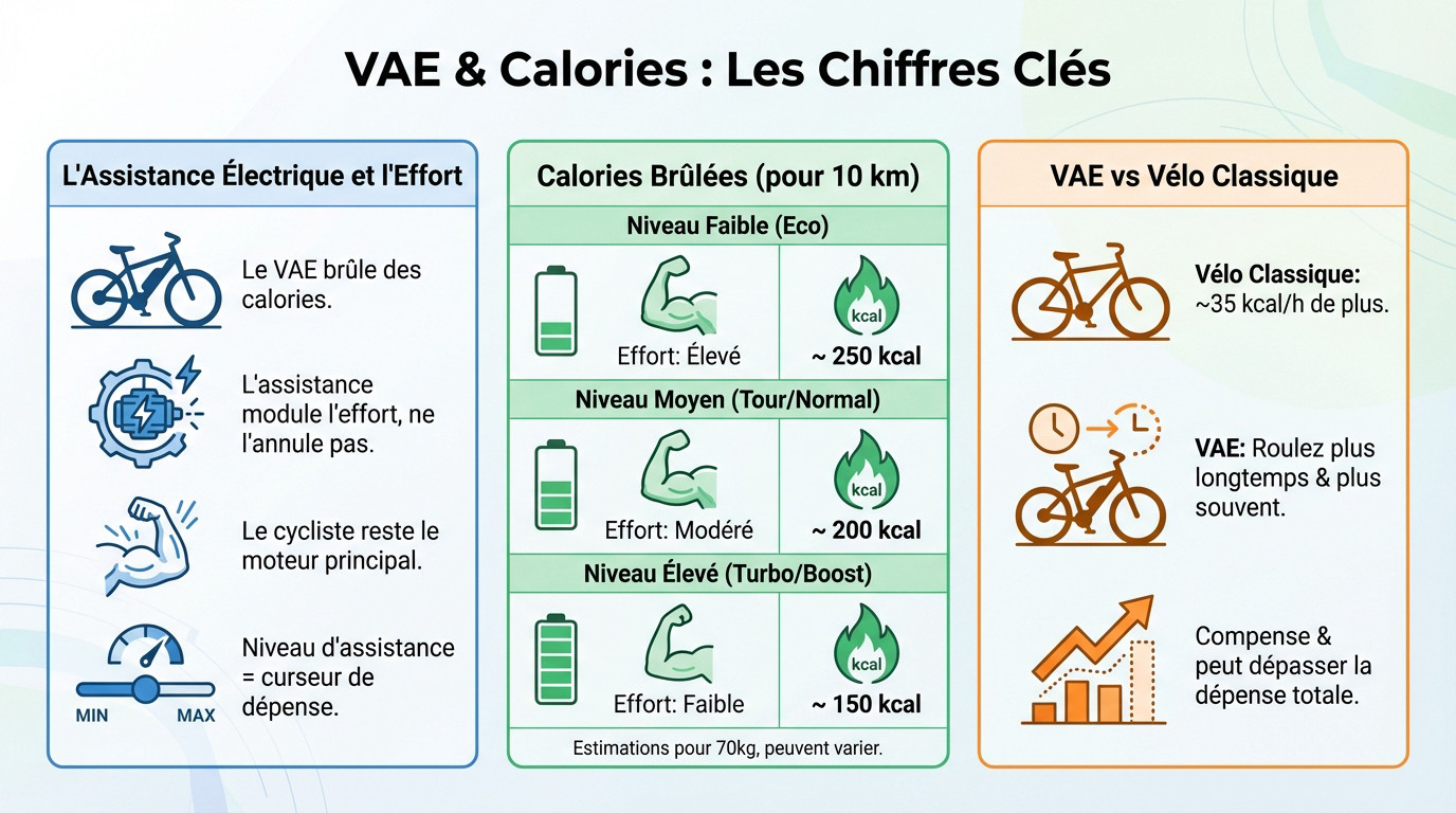 Graphique montrant la dépense calorique comparée entre vélo électrique et vélo classique selon le niveau d'assistance