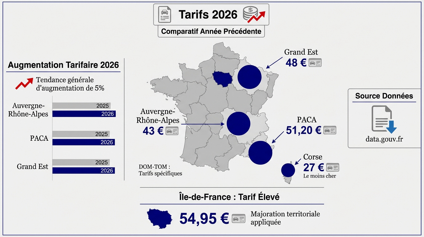 Carte de France des tarifs du cheval fiscal par région en 2026