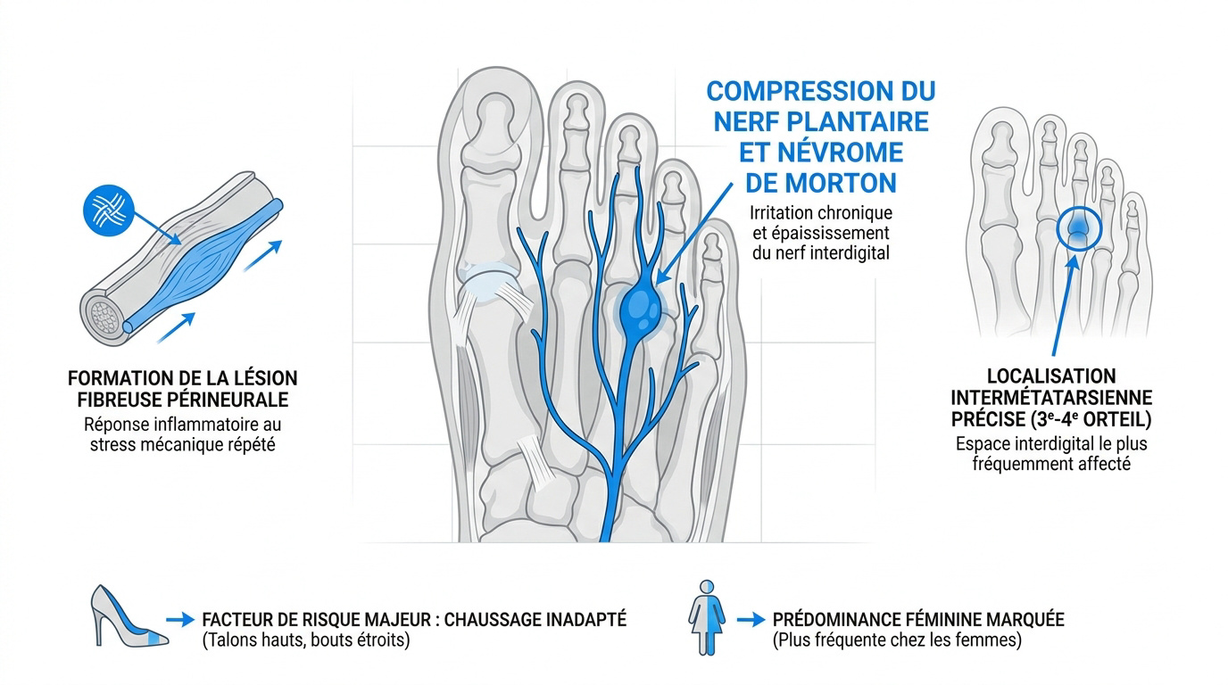Anatomie du pied montrant la localisation du névrome de Morton entre les métatarsiens