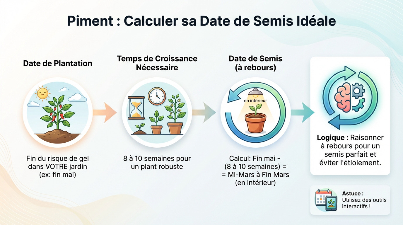 Schéma expliquant le calcul rétroactif de la date de semis du piment
