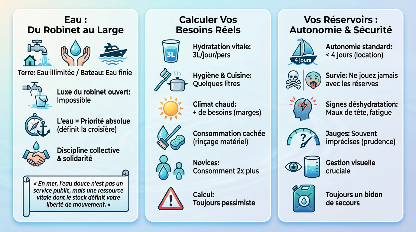 Skipper vérifiant le niveau d'eau douce sur un voilier en pleine mer