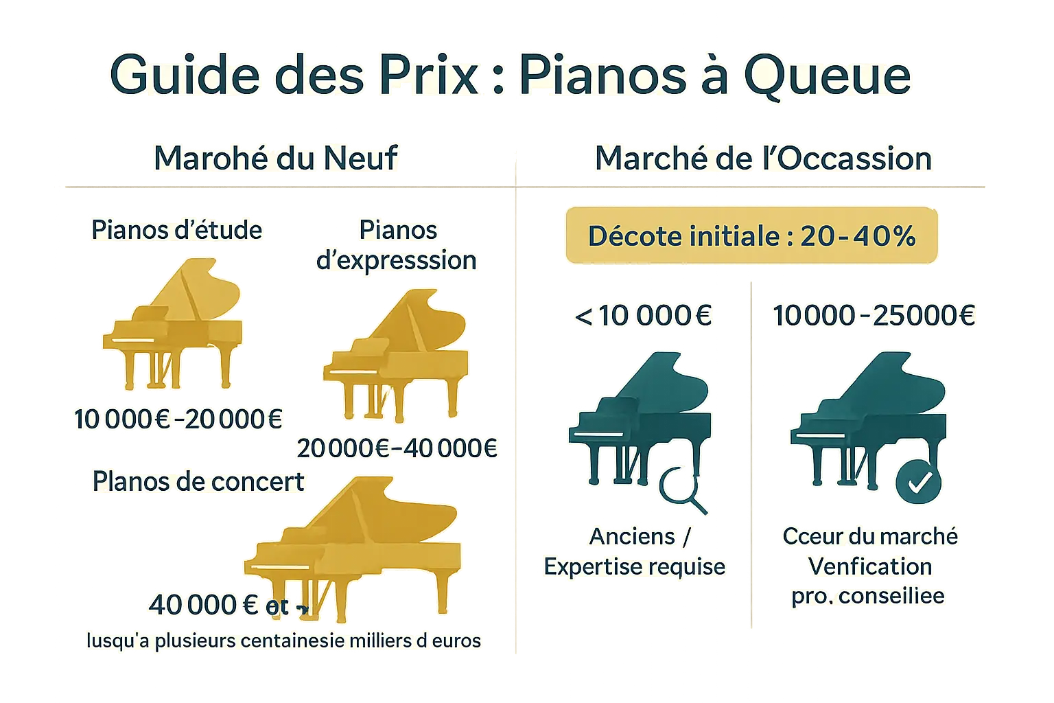Comparaison des <strong>prix entre un piano à queue neuf et d'occasion</strong>