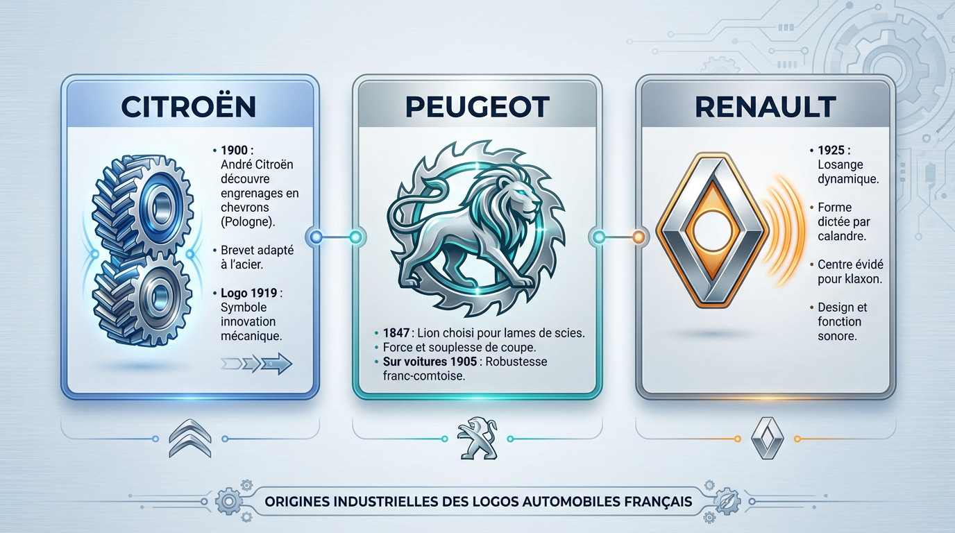 Origines industrielles des logos automobiles français Citroën Peugeot et Renault