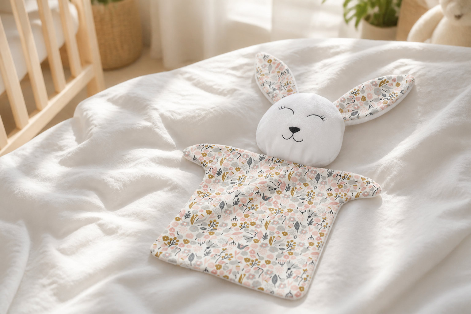 Doudou Lapin tissu Fleurs Rose, gris et or : une touche printanière
