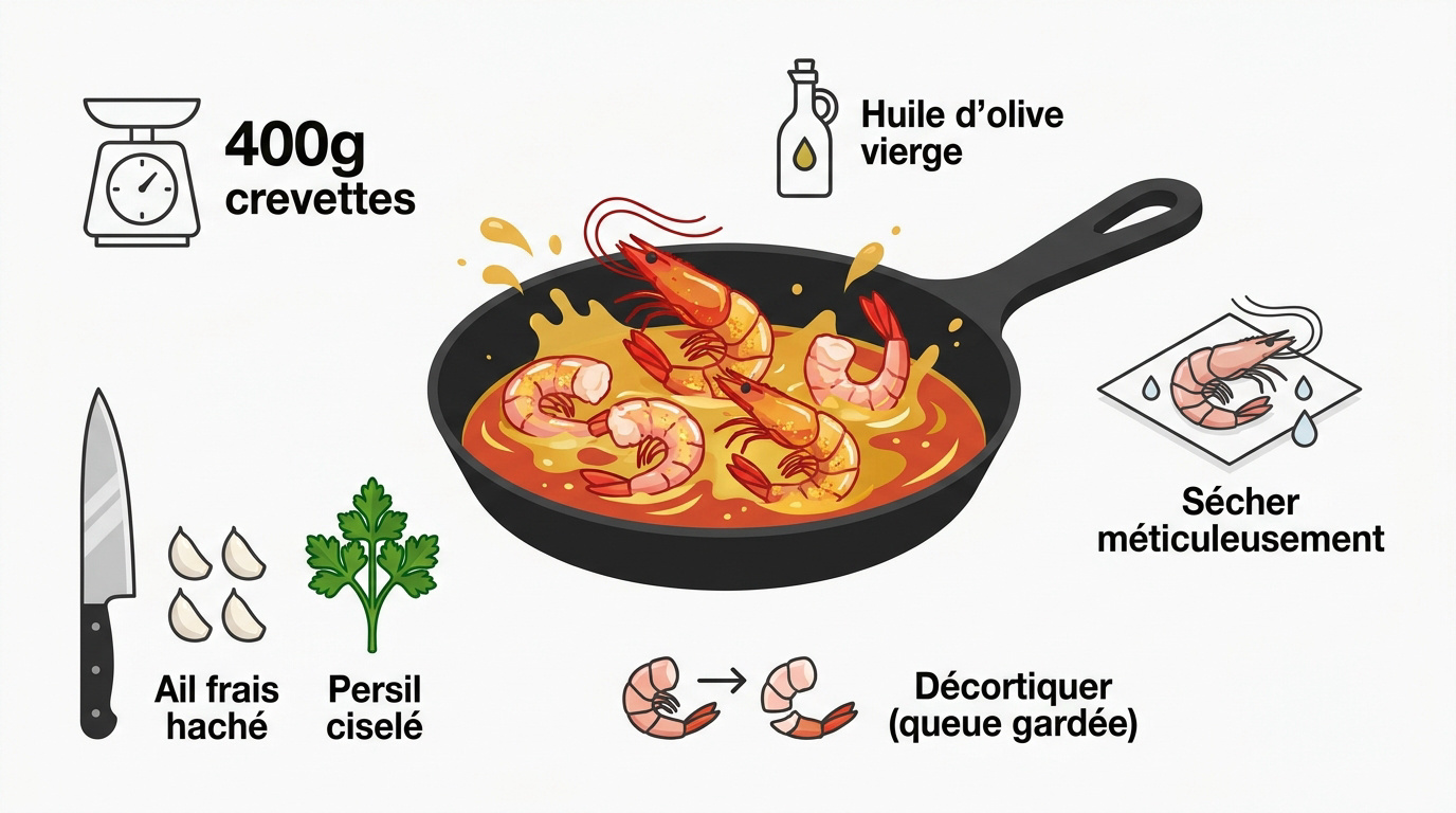 Infographie montrant les étapes de préparation des crevettes sautées à l'ail