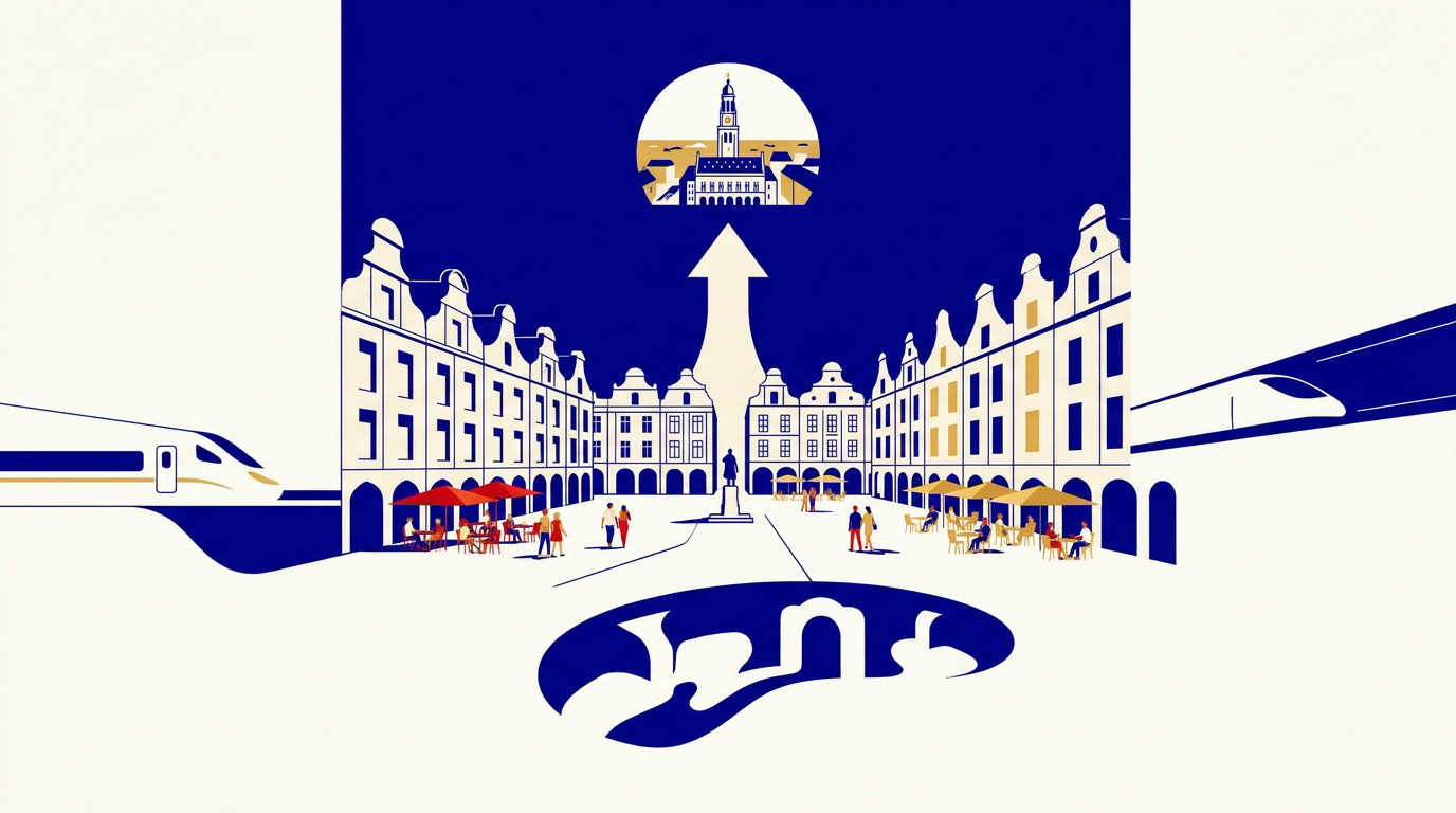 Vue panoramique de la Place des Héros avec le Beffroi d'Arras et ses façades flamandes