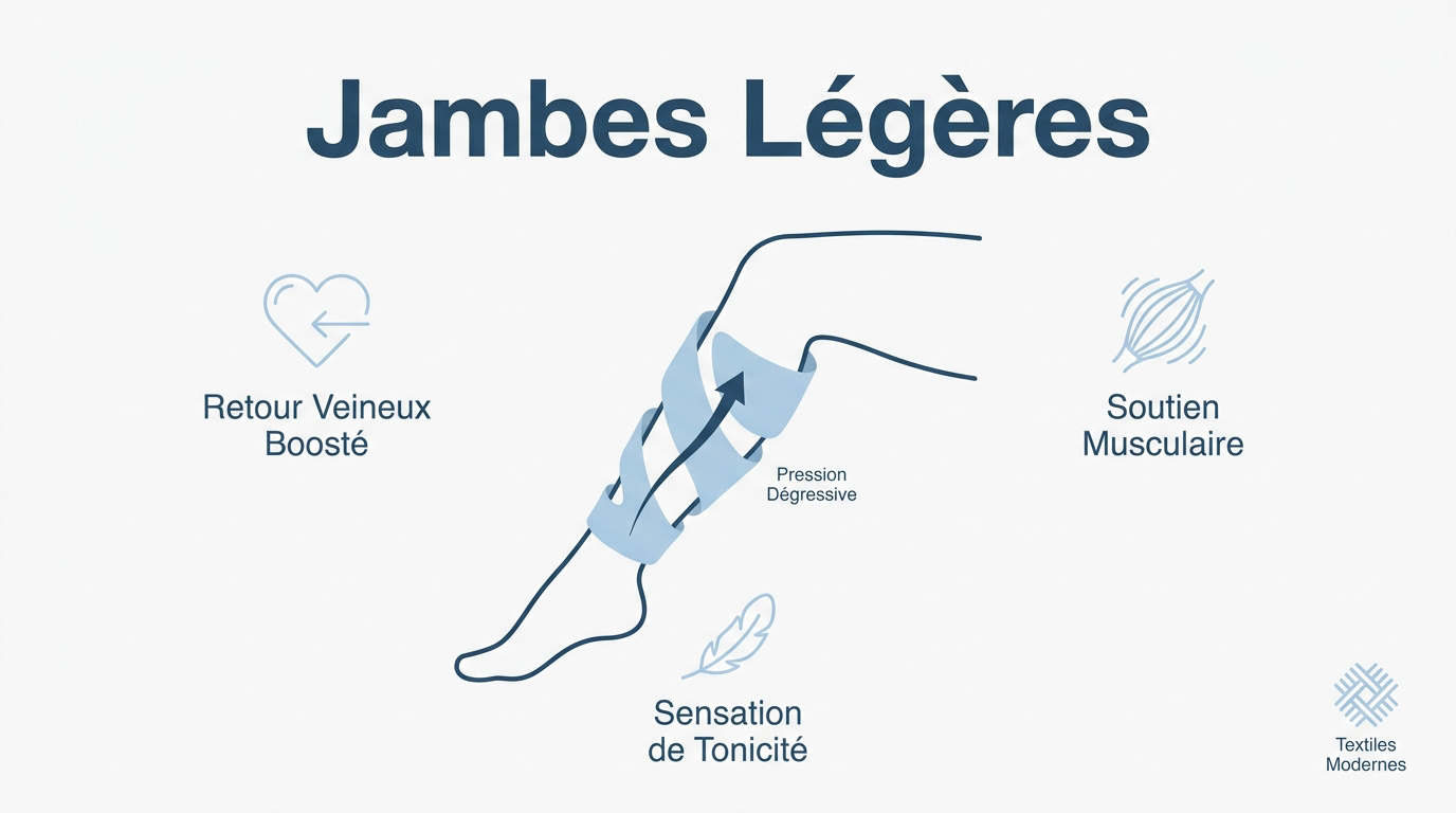 Infographie expliquant les bienfaits de la compression pour des jambes légères et un meilleur retour veineux