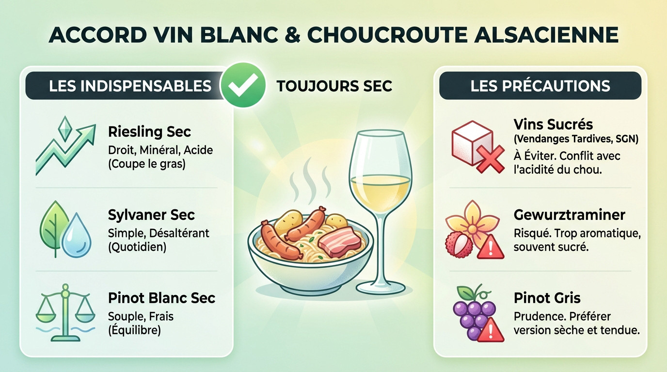 Bouteille de vin blanc d'Alsace et verres posés à côté d'une choucroute garnie traditionnelle
