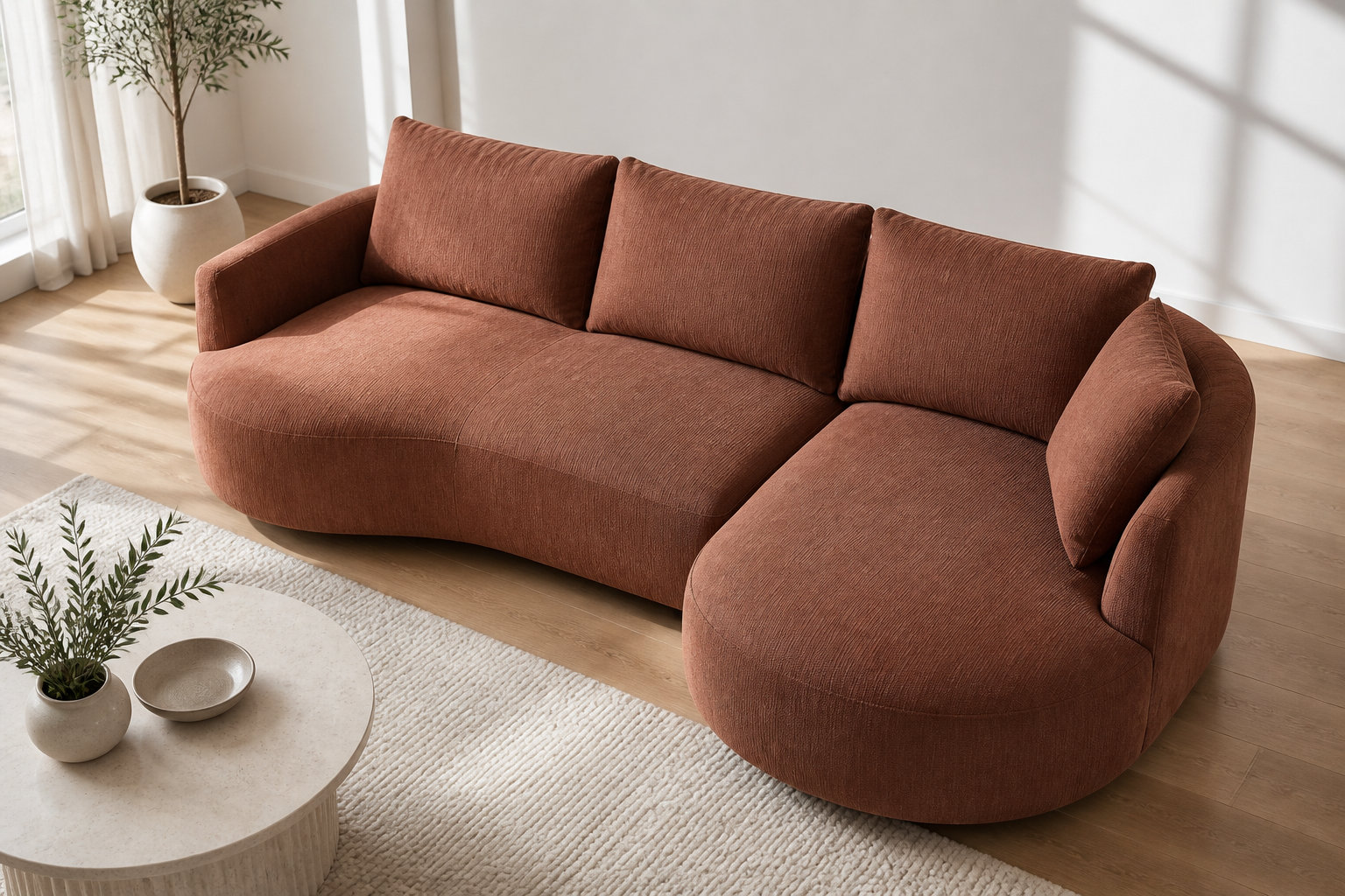 Canapé d'angle droit LOUSADO terracotta : chaleur magnétique et design audacieux