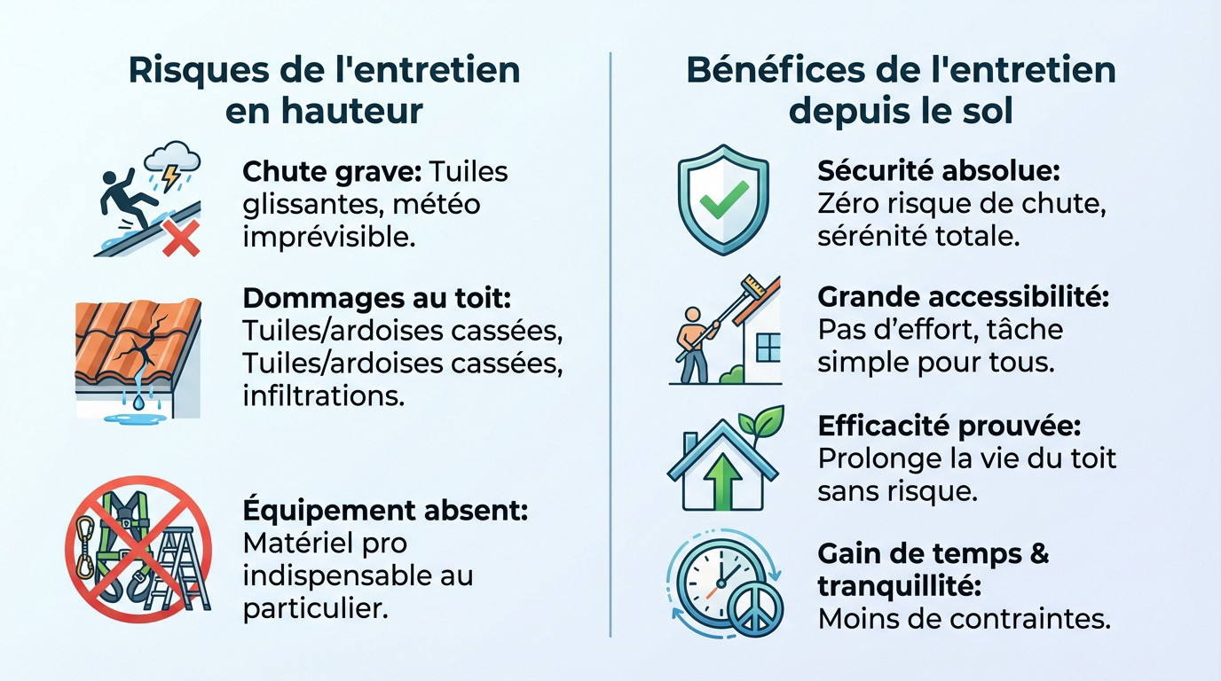 Comparaison visuelle entre les risques d'une chute depuis un toit et la s&eacute;curit&eacute; d'un nettoyage effectu&eacute; depuis le sol