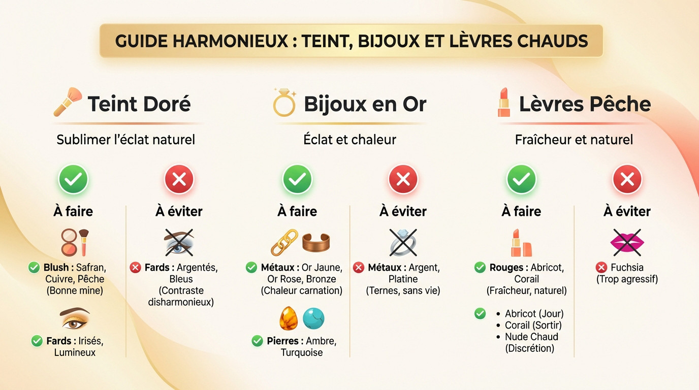 Guide harmonieux pour le teint, les bijoux et les lèvres aux tons chauds