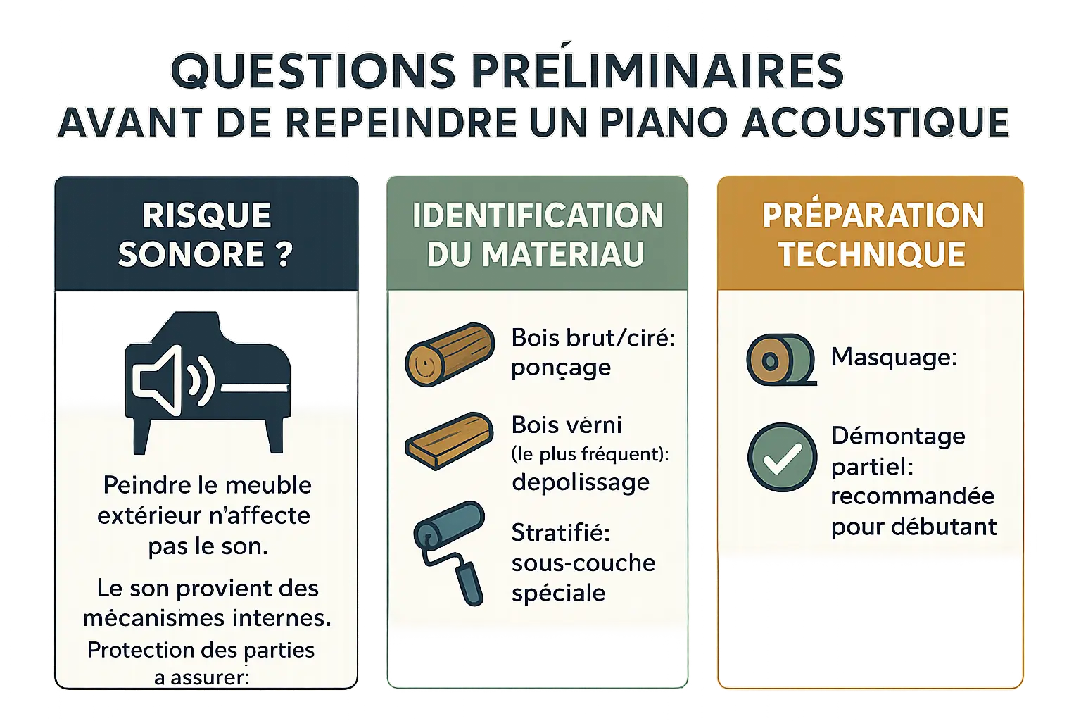 Piano partiellement masqué avec protections en plastique et ruban adhésif, prêt pour le ponçage