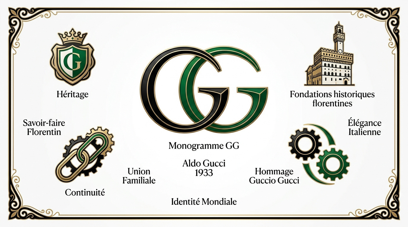 Logo Gucci historique avec les deux G entrelacés symbolisant l'héritage d'Aldo Gucci