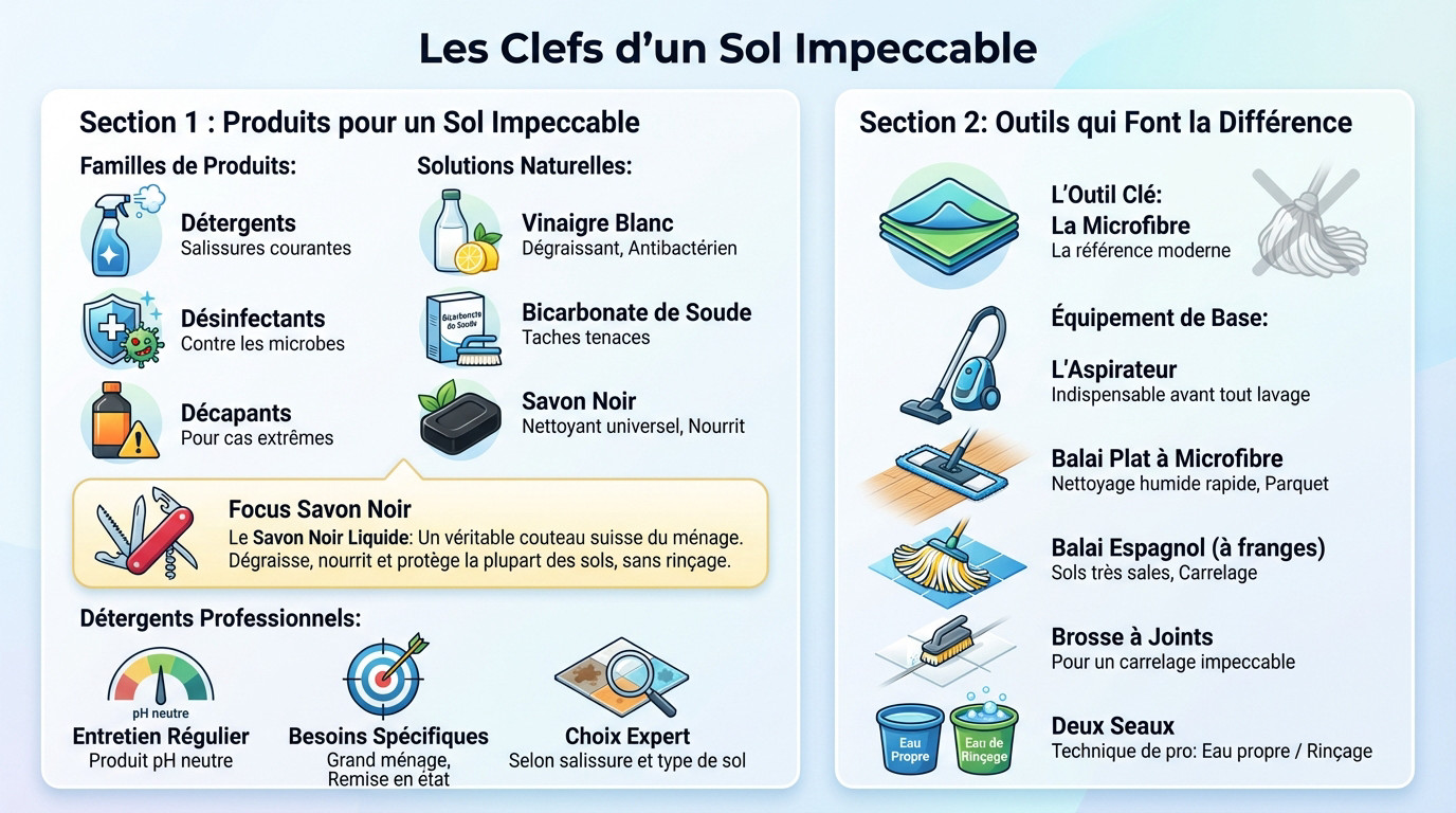 Assortiment de mat&eacute;riel de nettoyage professionnel et produits naturels pour l'entretien des sols