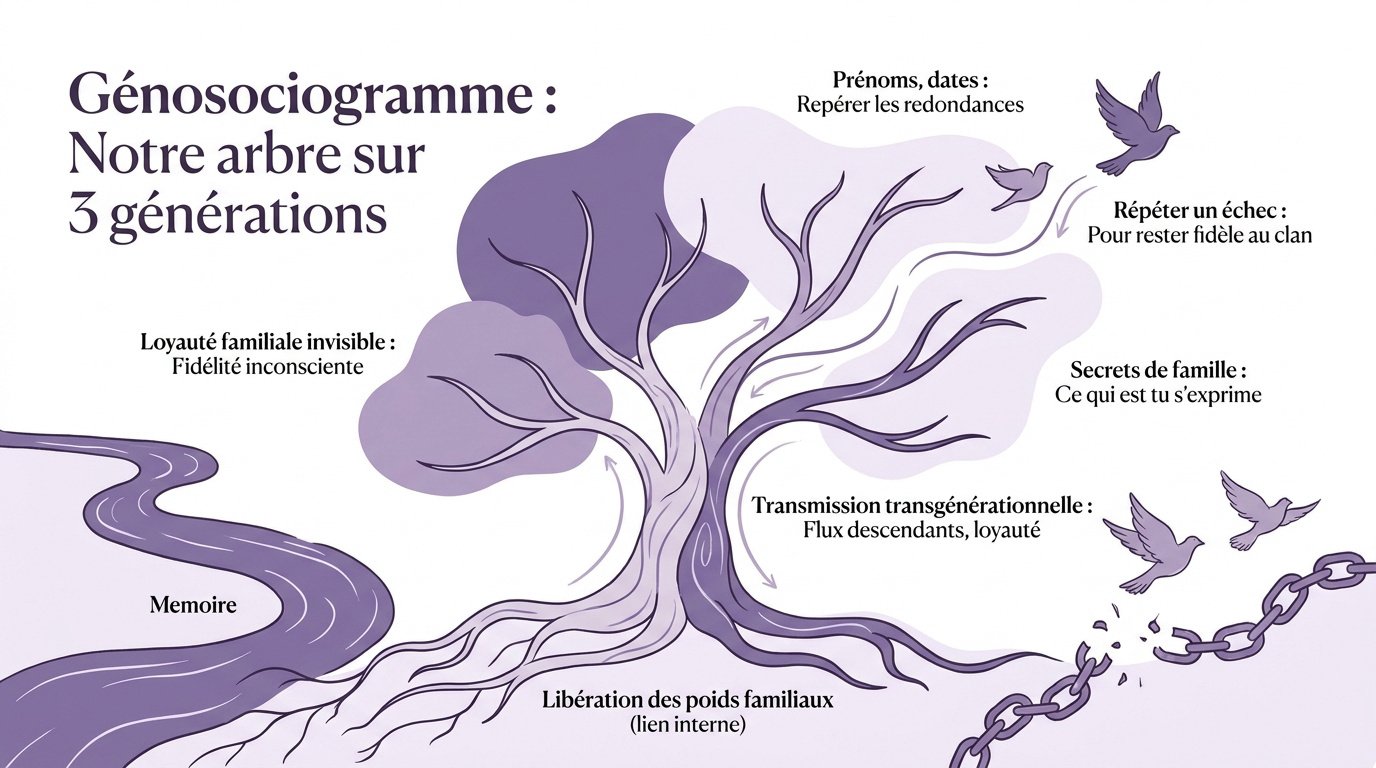 Exemple de génosociogramme thérapeutique sur trois générations pour identifier les répétitions familiales