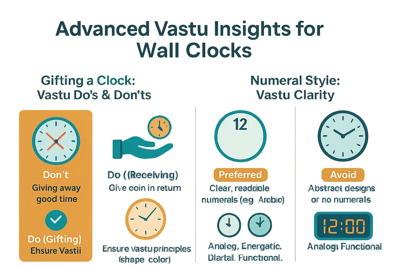 Vastu-compliant wall clock design elements including numeral styles and gifting symbolism