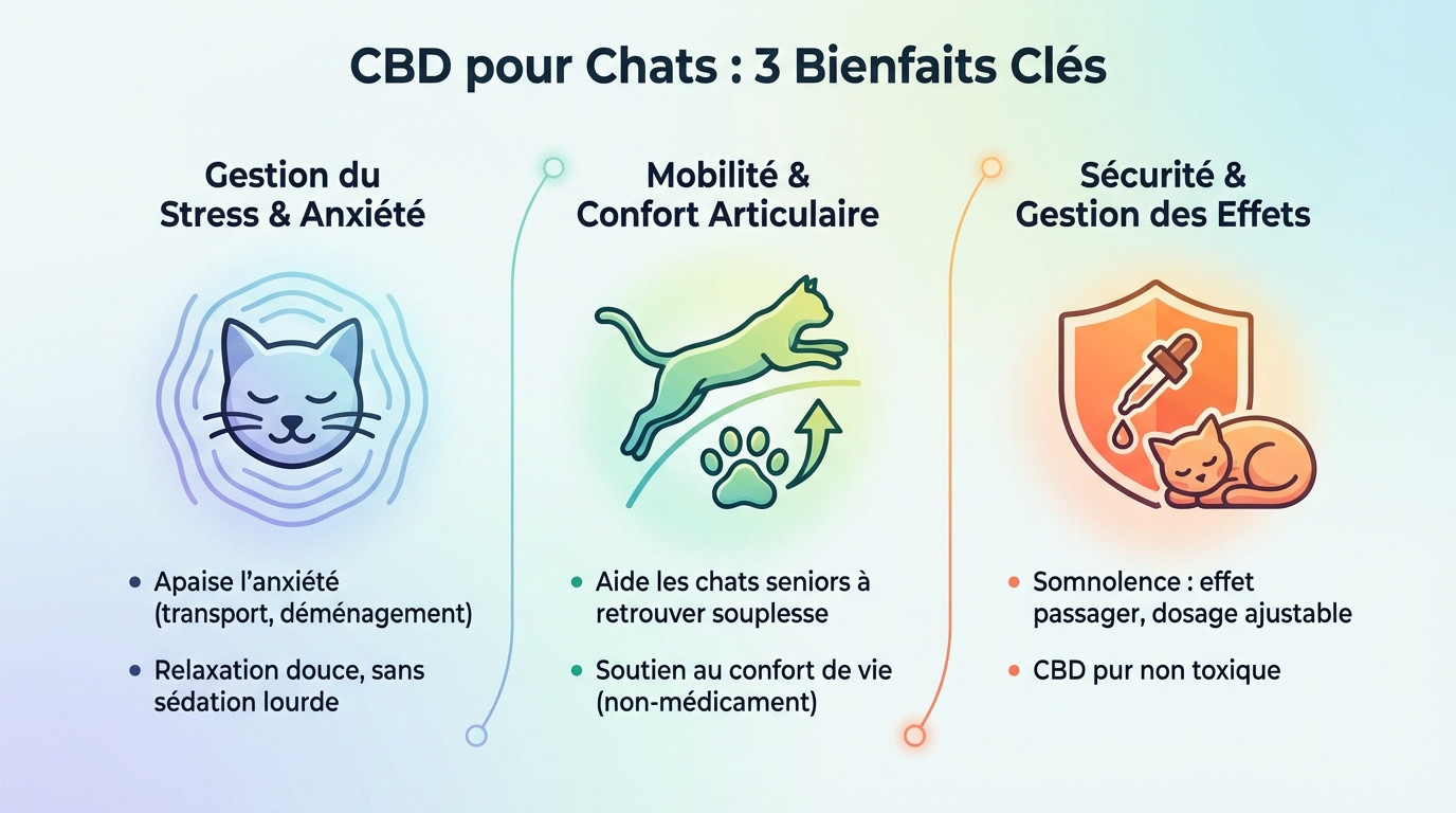 Chat détendu illustrant les bienfaits du CBD sur le stress et la mobilité