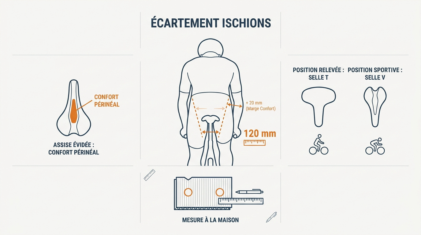 Schéma explicatif de la position du bassin sur une selle de vélo selon l'inclinaison du buste