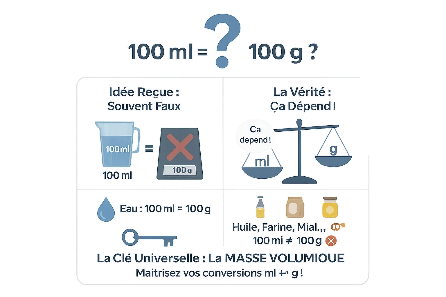 Illustration d'un verre doseur avec des conversions ml en g pour différents ingrédients : eau, lait, huile, miel, farine