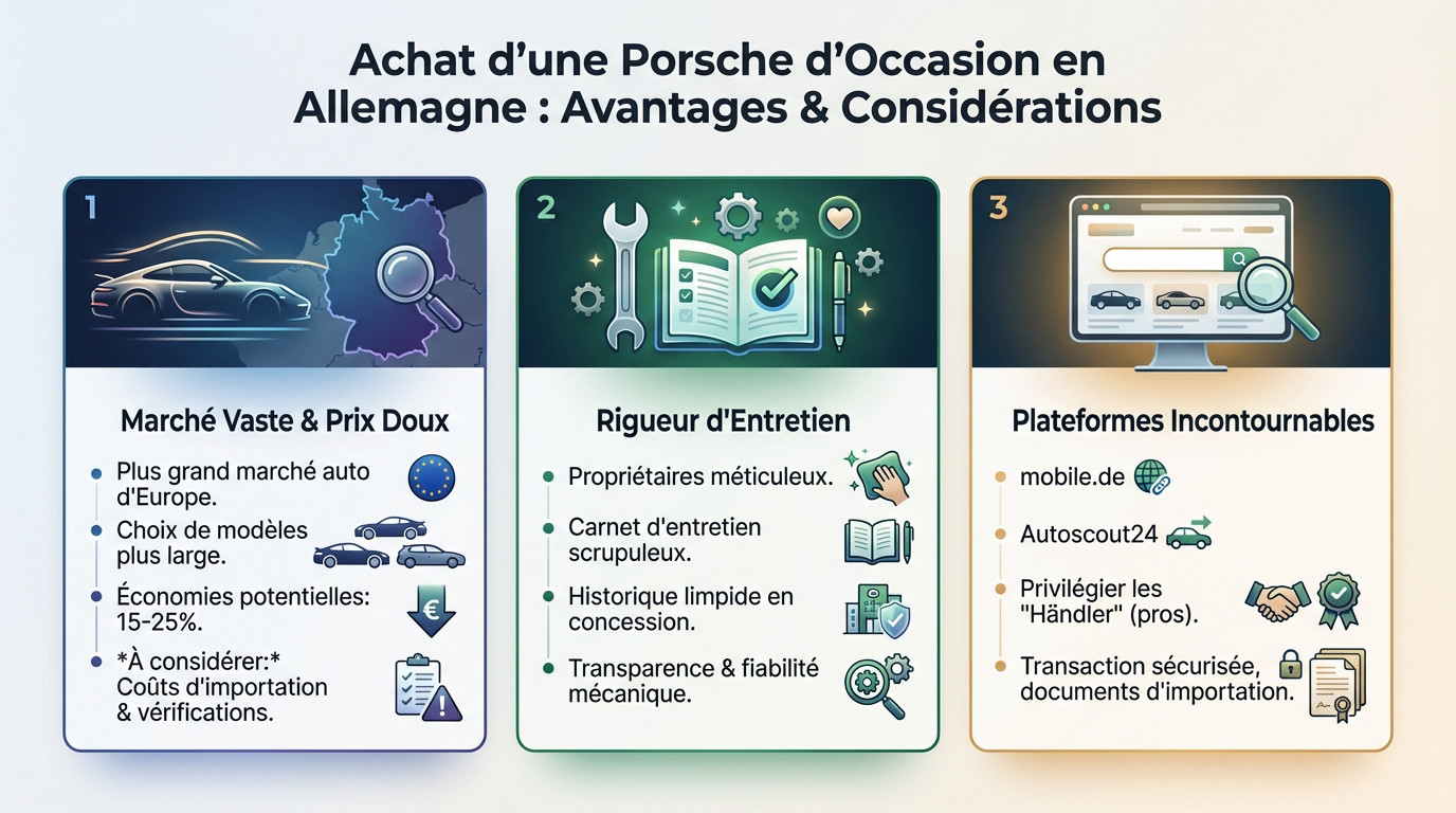 Importer une Porsche d’Allemagne : comment éviter les mauvaises surprises ? 1 Parc automobile de Porsche d'occasion en Allemagne alignées chez un concessionnaire spécialisé