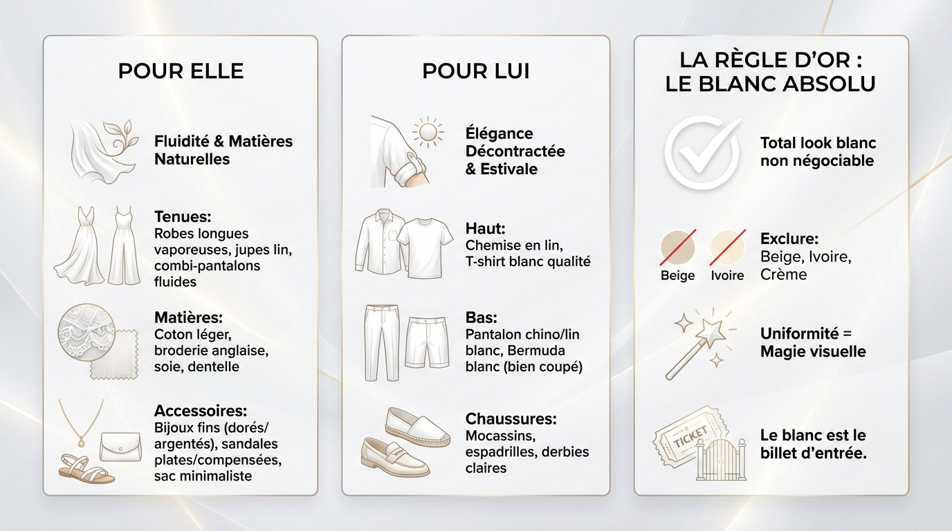 Groupe d'amis élégants portant des tenues blanches en lin et coton lors d'une soirée d'été