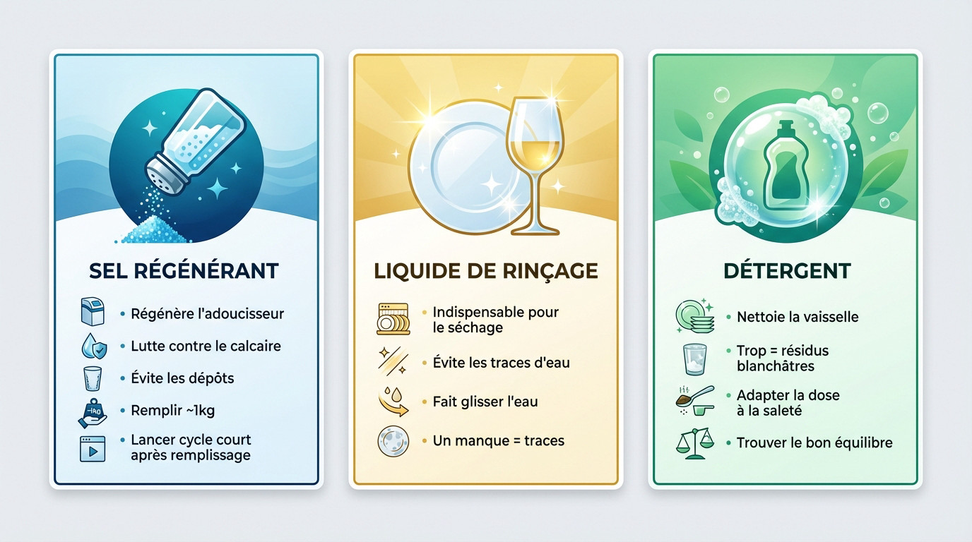 Les 3 essentiels pour un lave-vaisselle performant : sel, liquide de rinçage et détergent