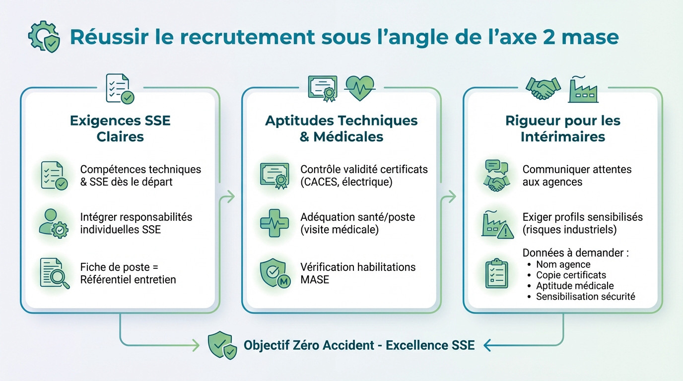 Schéma des 3 étapes clés pour réussir le recrutement selon l'axe 2 mase : profil, vérification et intérim
