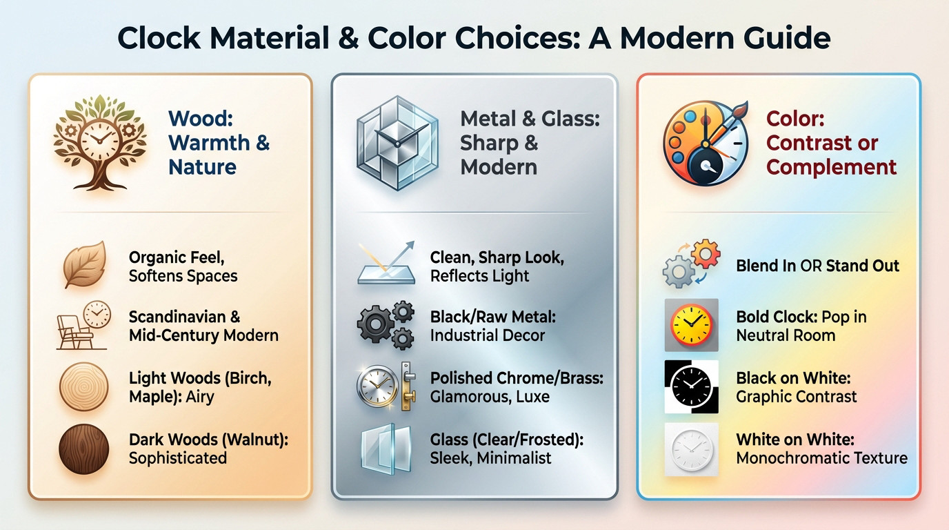 Modern wall clock material guide showing wood and metal textures