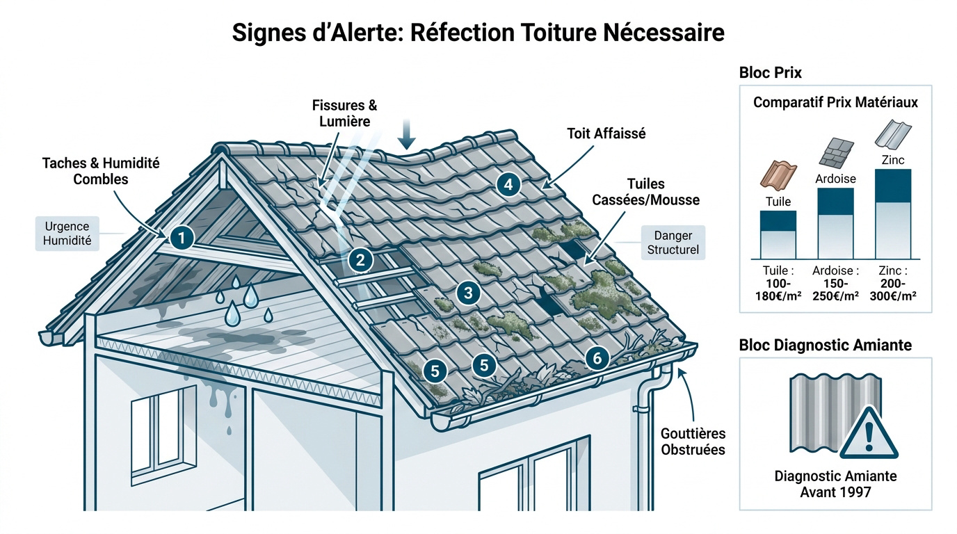 Signes d'usure et d'infiltrations sur une toiture nécessitant une réfection