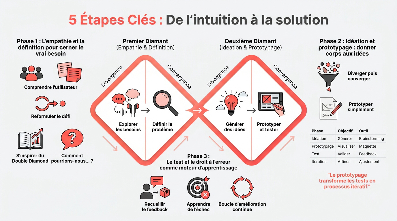 Infographie présentant les 5 étapes du processus de Design Thinking de l'empathie au test