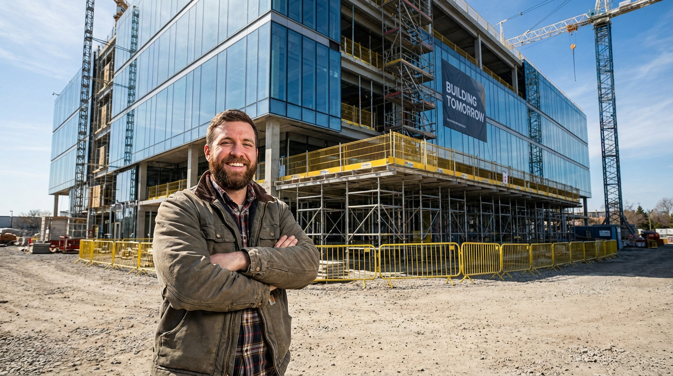 Investisseur confiant sur un chantier immobilier neuf, illustrant la sécurité financière de l'achat sur plan