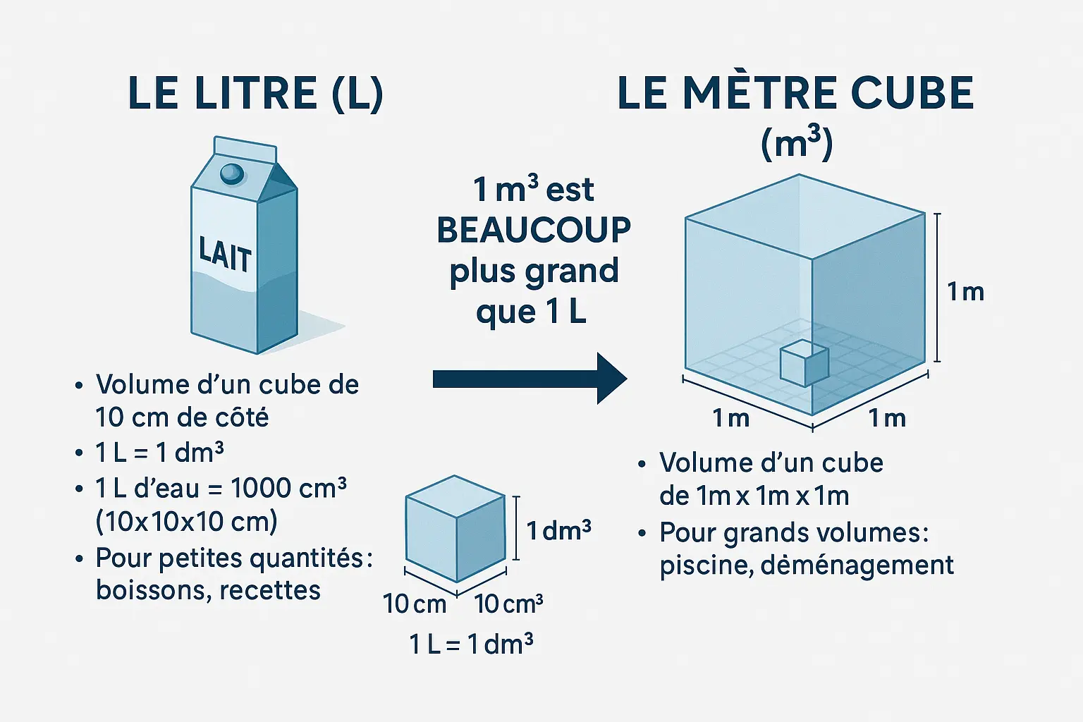 Comparaison visuelle entre un litre et un mètre cube