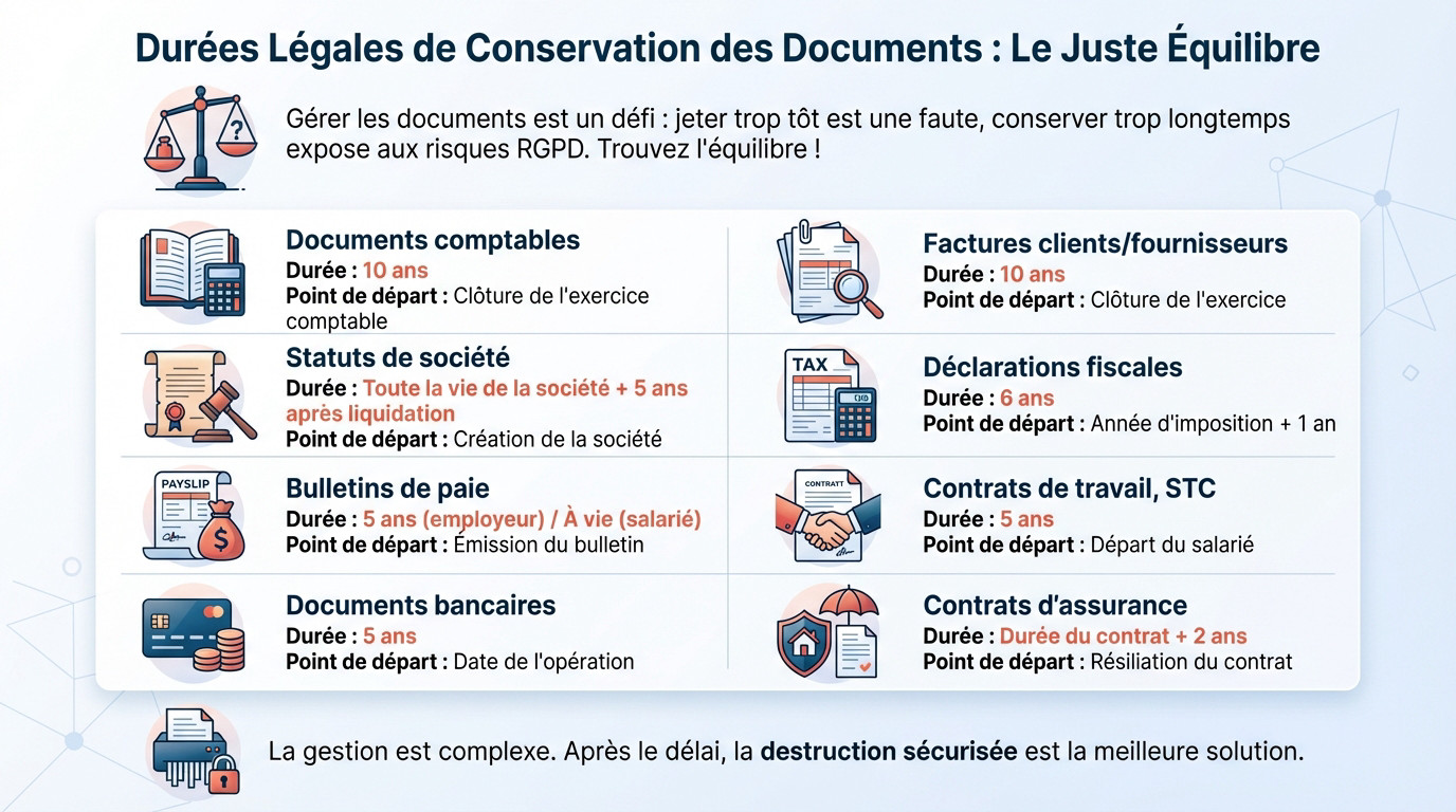 Illustration des durées légales de conservation des documents administratifs et archives