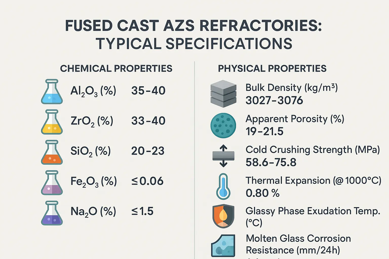 Typical Specifications of Fused Cast AZS Refractories