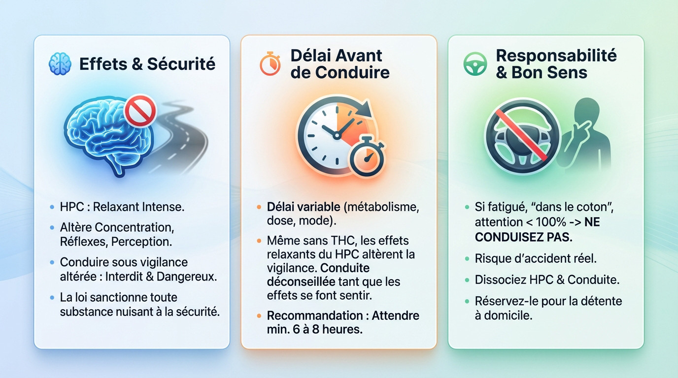 Conducteur responsable vérifiant son aptitude à conduire après consommation de HPC sans THC