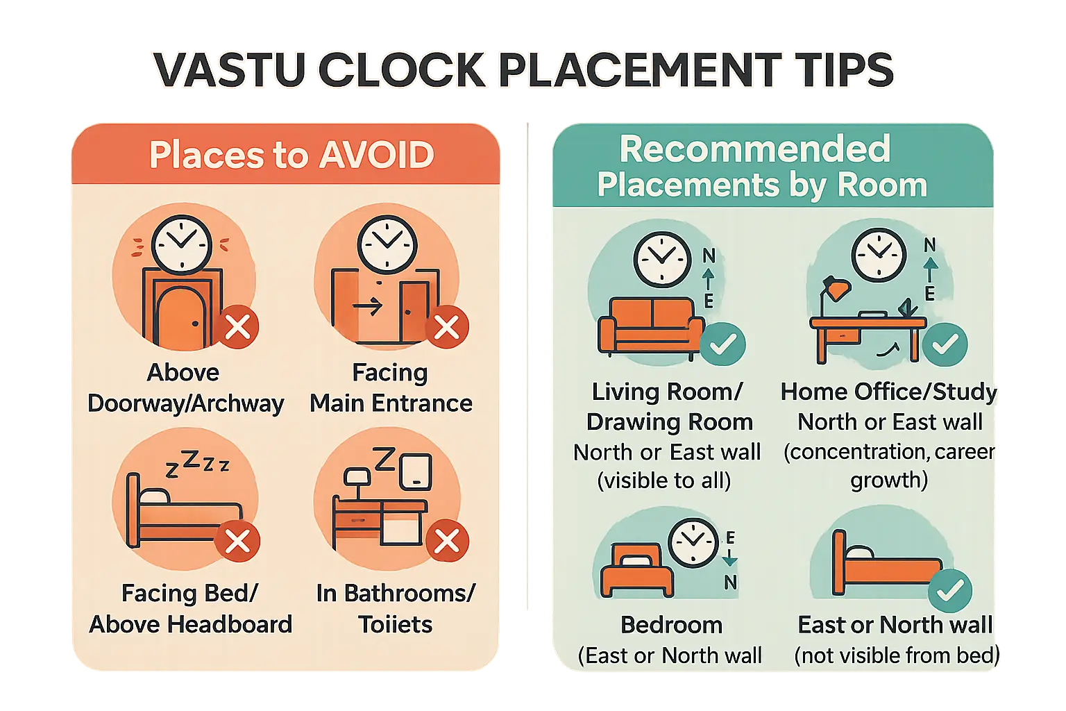 Vastu clock placement visual guide showing prohibited areas like above doors, facing beds, and bathroom alignment