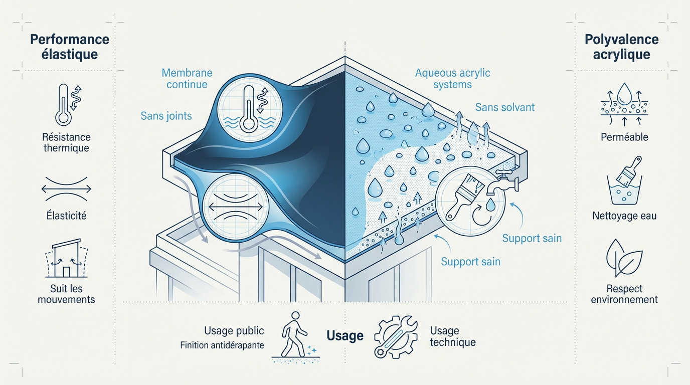 Comparaison entre résine polyuréthane et acrylique pour l'étanchéité d'un toit terrasse