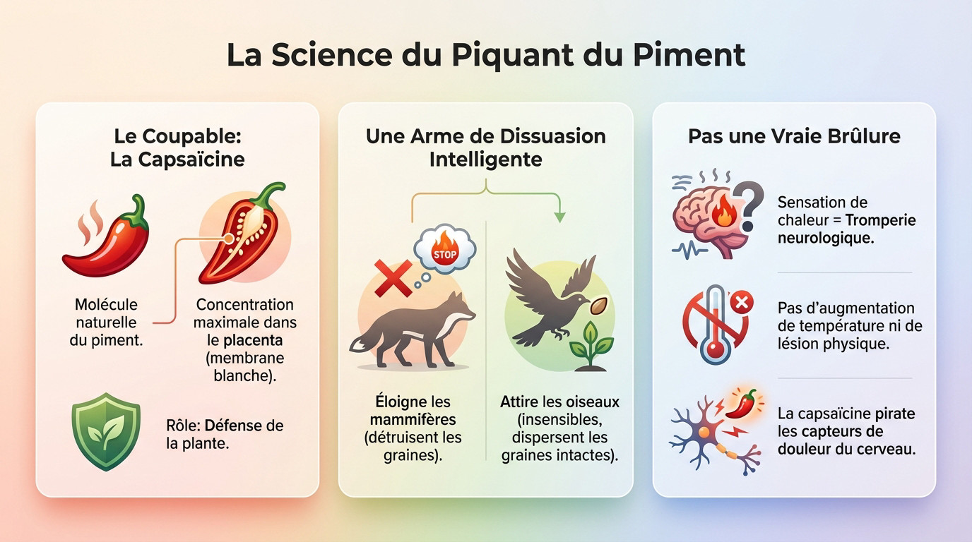 Illustration scientifique montrant un piment rouge et la structure chimique de la capsaïcine
