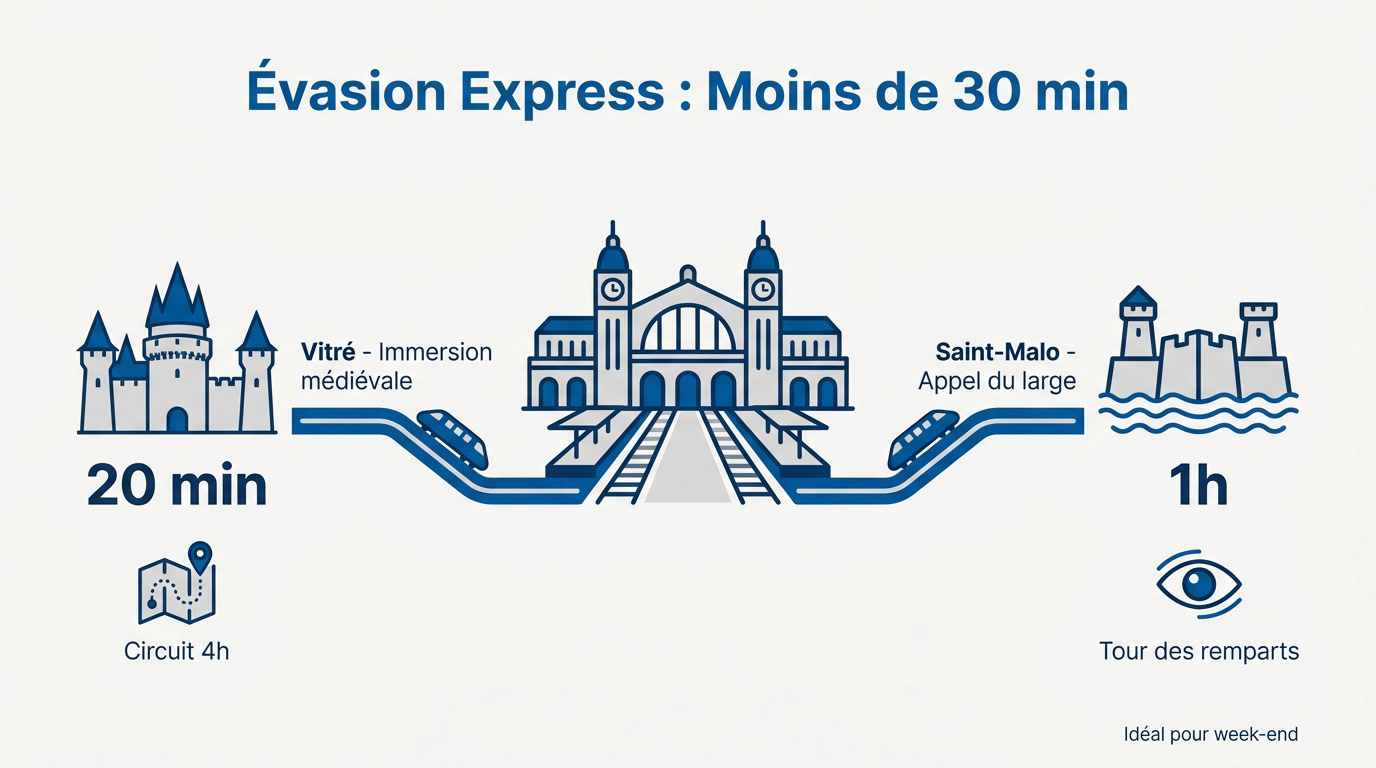 Vue panoramique d'une cité médiévale accessible rapidement en train depuis Rennes