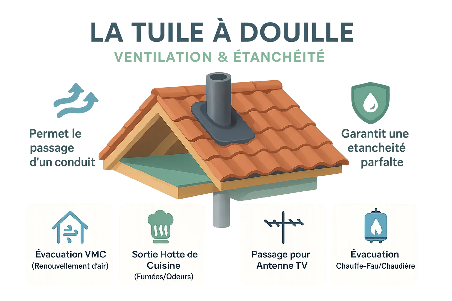 Illustration d'une tuile à douille intégrée à une toiture, montrant le passage d'un conduit de ventilation