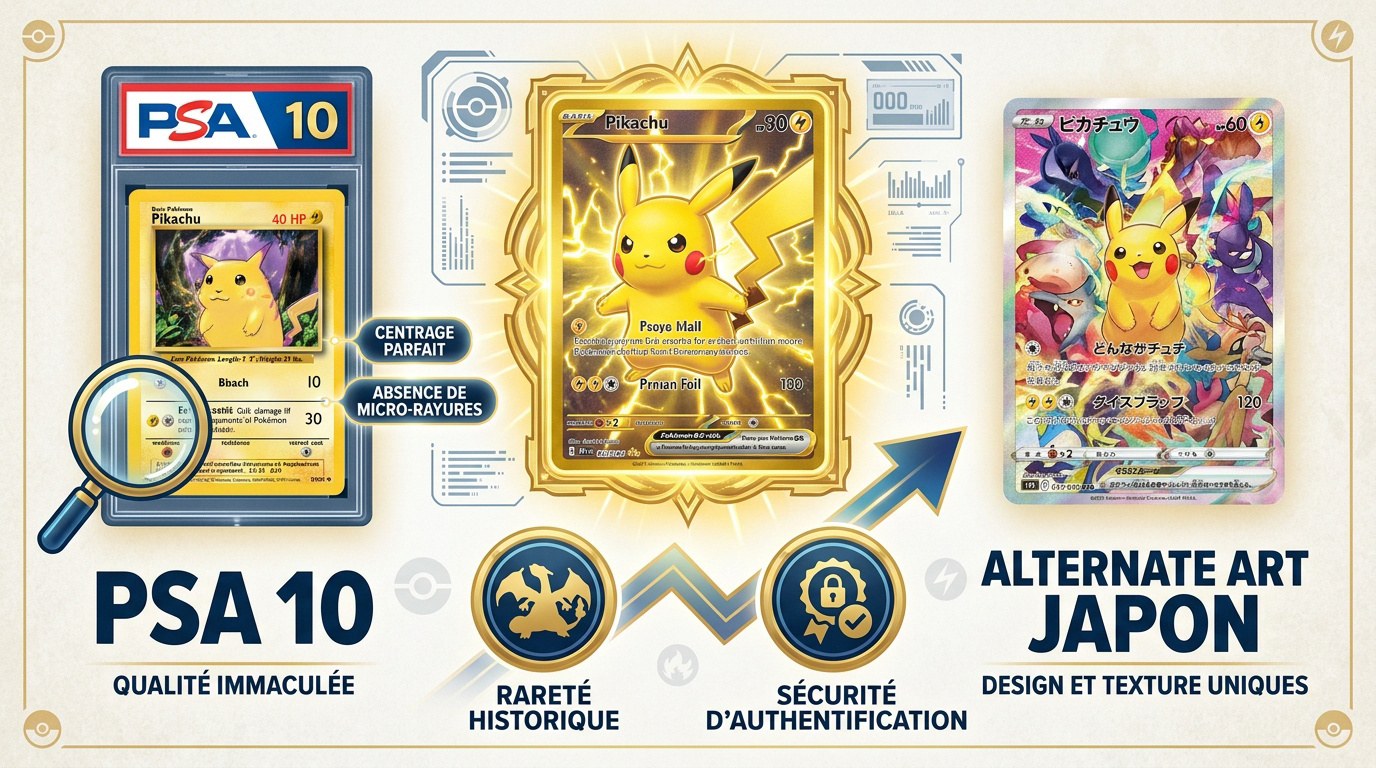 Cartes Pokémon gradées PSA 10 et illustrations alternatives japonaises rares