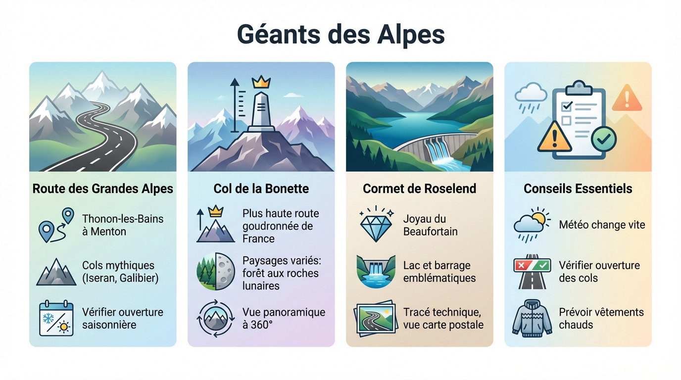 Infographie des cols mythiques des Alpes pour un road trip moto