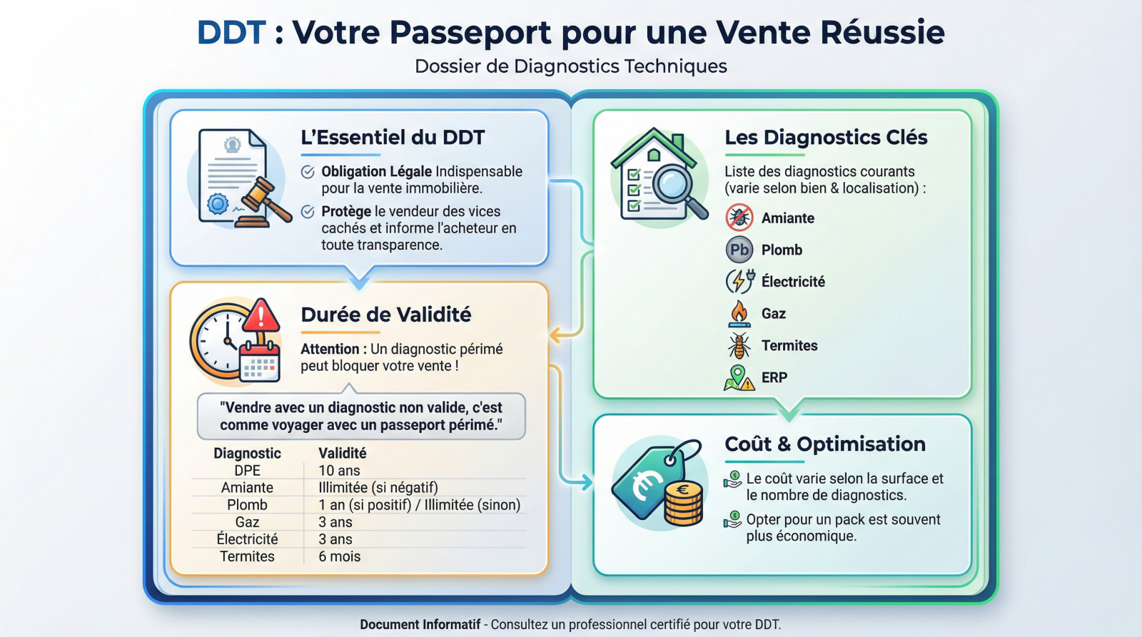 <strong>Dossier de diagnostics techniques indispensable pour vendre sa maison</strong>“></p>
<h3>Les diagnostics incontournables à ne surtout pas négliger</h3>
<p>Le Dossier de Diagnostic Technique est une obligation légale stricte. Il doit figurer en annexe de la promesse de vente, <strong>sous peine d’annulation de la transaction</strong>.</p>
<p>Son contenu dépend de l’année de construction et de la localisation. Les incontournables incluent l’amiante, le plomb, le <a href=
