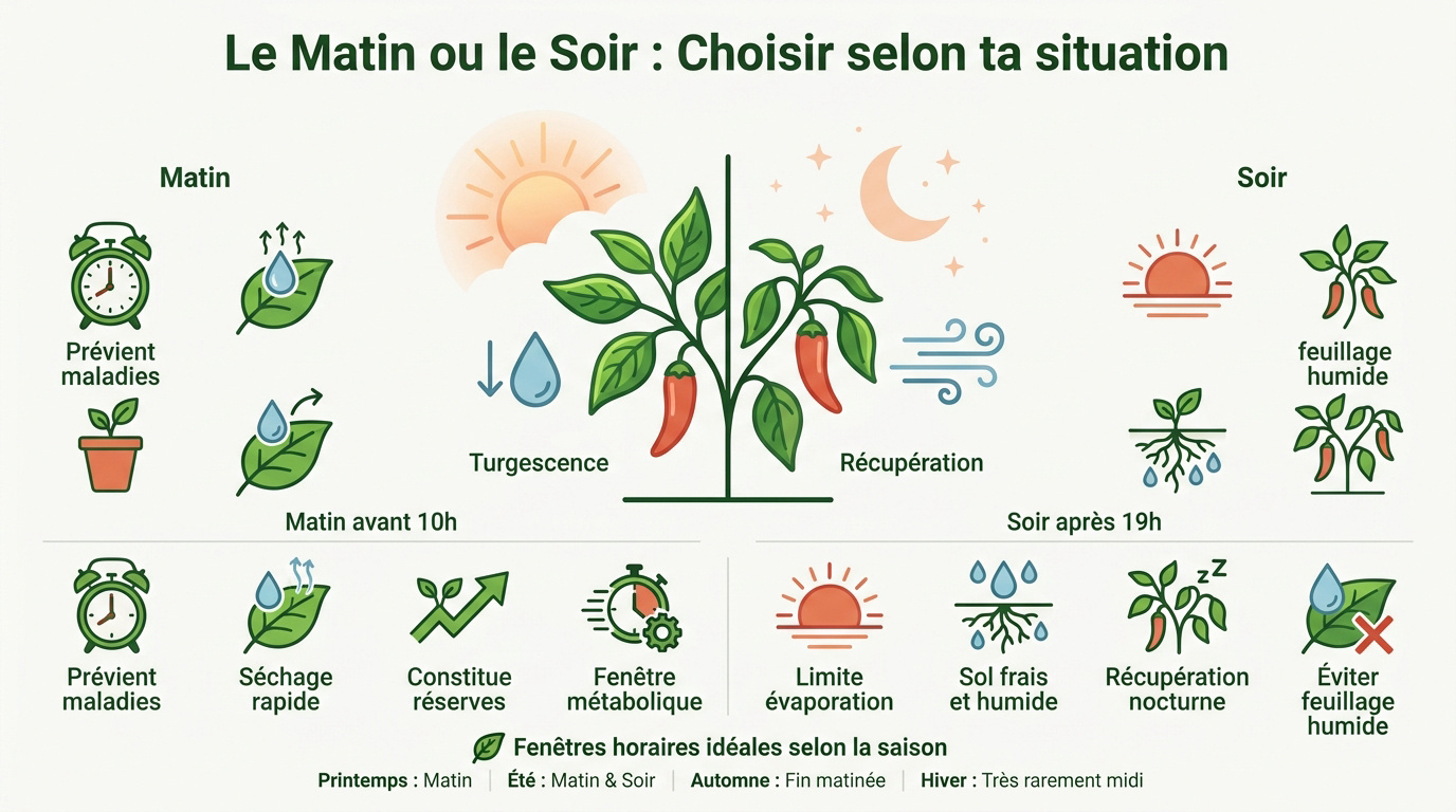 Arrosage matinal d'un plant de piment avant le lever du soleil