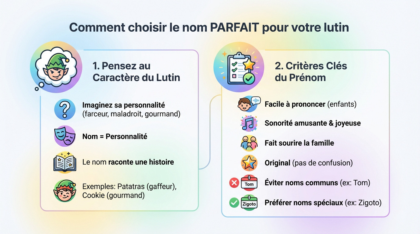 Lutin de Noël farceur qui réfléchit à son futur prénom